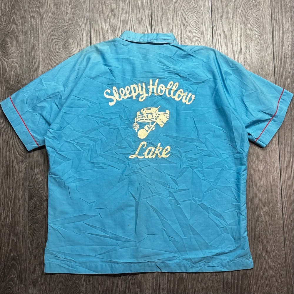Vintage 1950s Sleepy Hollow Lake Bowling Shirt Blue Red Stitching Large